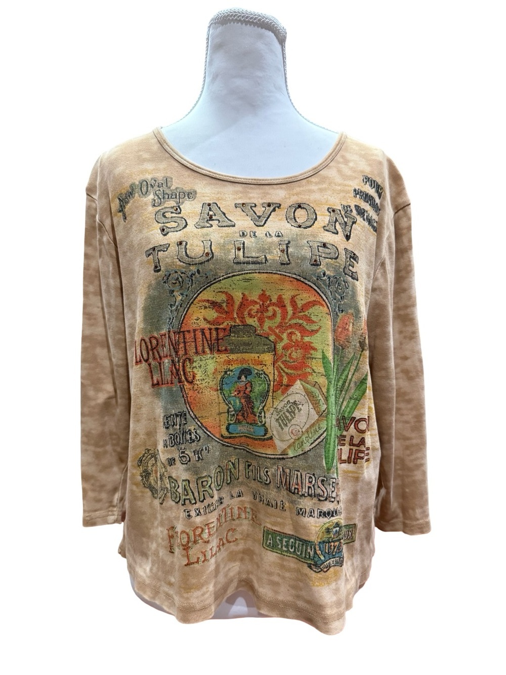 Y2K Faded Glory Savon De La Tulipe Graphic Top XL Boho French Cottagecore Tee